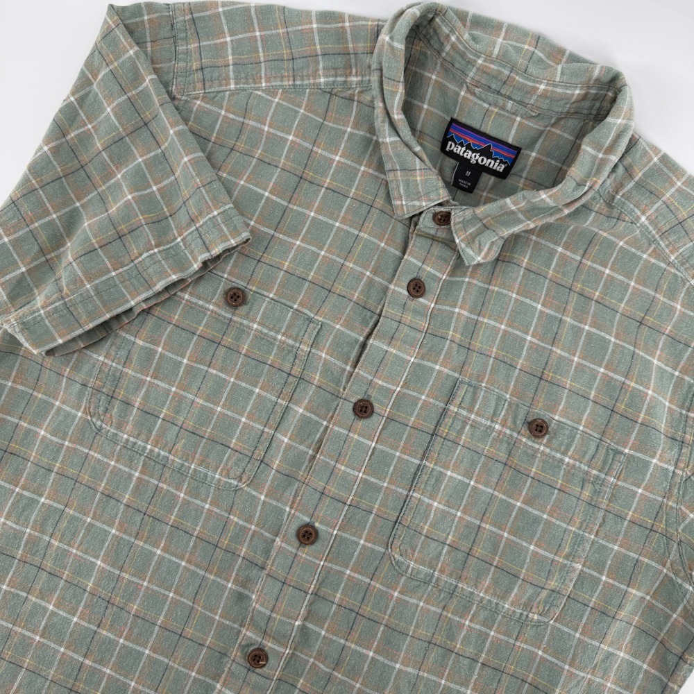 Patagonia Back Step Shirt Mens Medium Green Plaid Hemp Organic Cotton Gorpcore